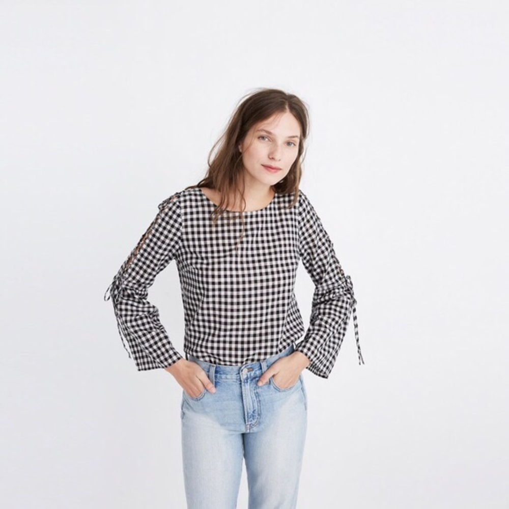 Madewell Gingham Lace-Up Bell Sleeve Top